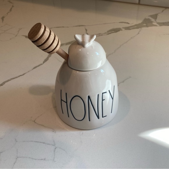Rae Dunn honey jar, bumble bee lid, container, honey comb white ceramic pottery - Picture 1 of 3